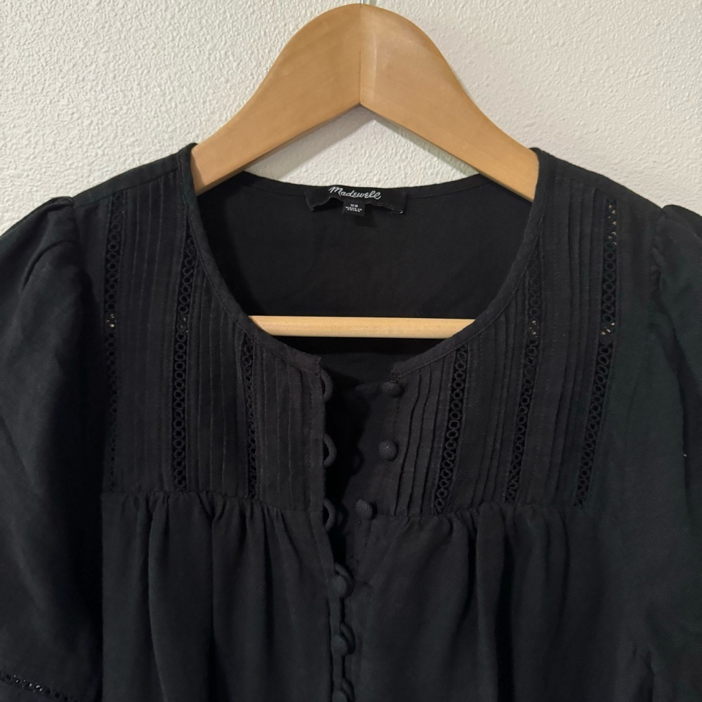 Madewell Pleated Button-Front Shift Dress Black Cotton Viscose Lace Eyelet-XS - Picture 4 of 10
